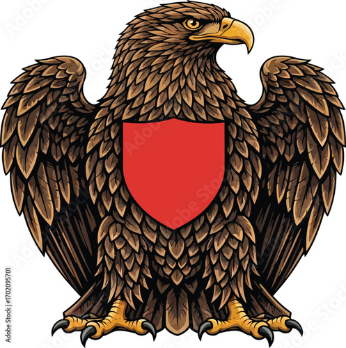 Vector, illustration, eagle with a shield in the middle for poster, logo, printing