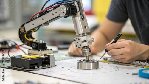Robotic arm assembling small metallic component on workbench blurred engineer’s hand in industrial setting closeup view for technology and automation insights