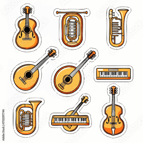 A vibrant collection of cartoon musical instrument stickers, including guitars, tubas, and keyboards, with bold outlines.