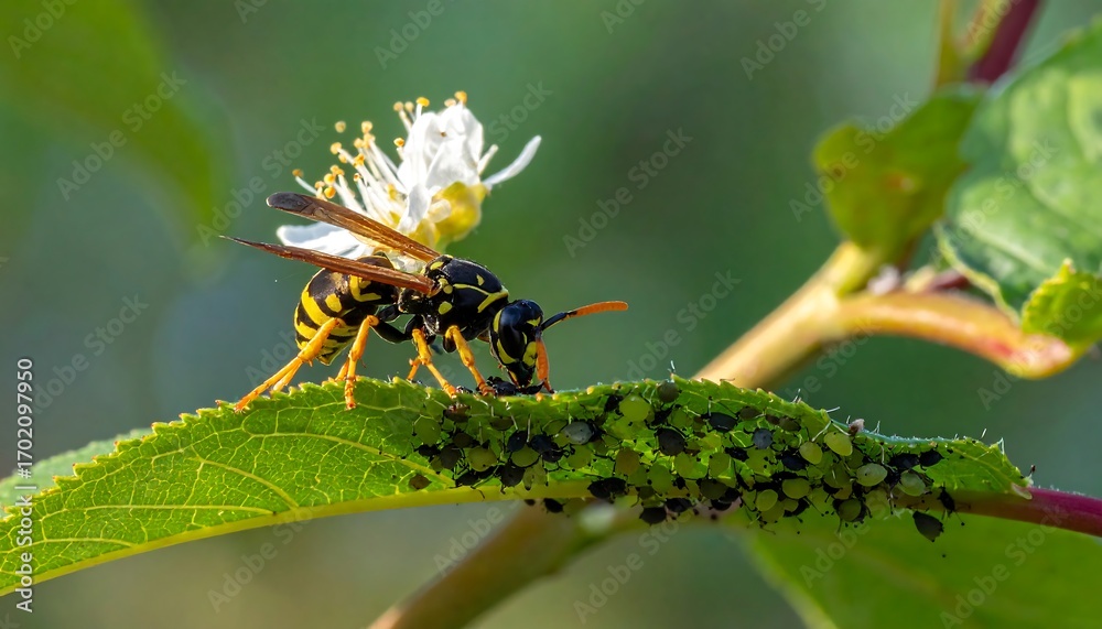 Fototapeta premium A close-up view of a wasp positioned on a leaf, surrounded by aphids.