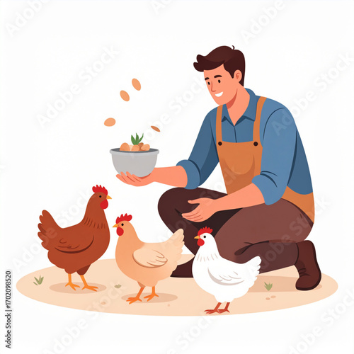 Vector Illustration of Poultry Farmer Feeding Chickens with Grain