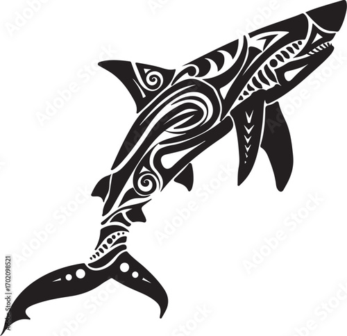Dynamic shark tattoo art design with tribal inspired patterns