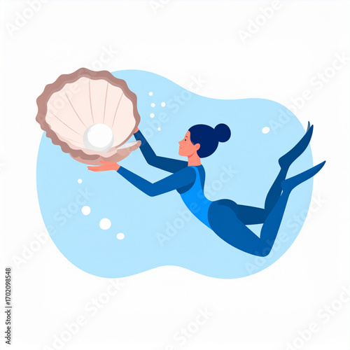 Vector Illustration of Female Pearl Diver Swimming Underwater with Oyster
