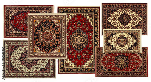 A vibrant collection of traditional Oriental rugs featuring intricate floral medallions, geometric patterns, and detailed borders.