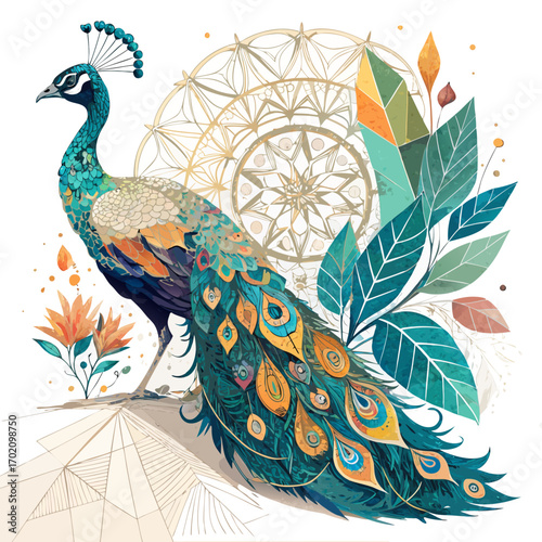 Vector Illustration of Peacock with Traditional Indian Hindu Cultural Background in Decorative Design