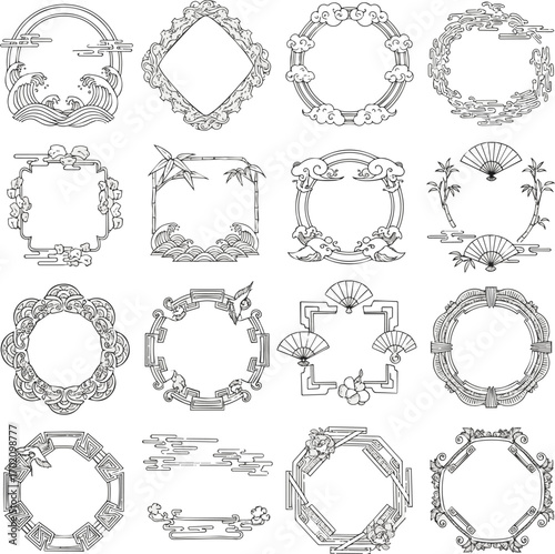 Create a kinds of deferent Hand-drawn Japanese-style frame vector art with white background.