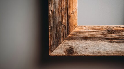 Rustic Wooden Frame Corner Detail on Grey Wall, Showcasing Natural Grain and Texture for Design Mockups