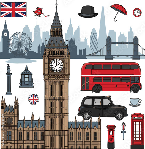 Create a kinds of deferent London illustration, England and UK concept, Big Ben drawing vector art with white background.