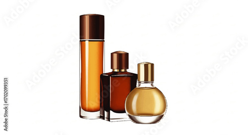 An elegant illustrated collection of three glass perfume bottles in warm amber and brown tones.