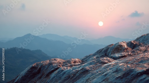 Tranquil Mountain Vista at Sunset: Breathtaking Landscape with Rolling Hills and Soft Light