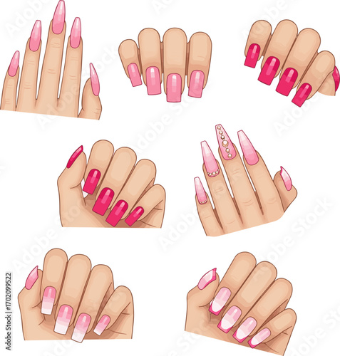Create a kinds of deferent Manicure emoji. Beautiful pink nails. vector art with white background.