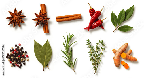 Aromatic collection of culinary spices and fresh herbs including star anise, cinnamon, chili, peppercorns, rosemary, thyme, and turmeric root.