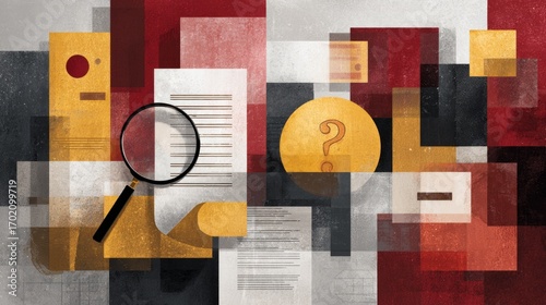 Exploring mysteries through magnifying glass in abstract collage of documents and question marks