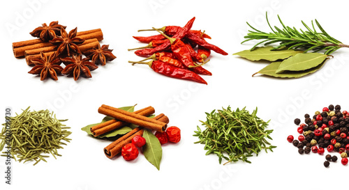 Aromatic collection of culinary spices and herbs: cinnamon, star anise, chili, rosemary, thyme, and peppercorns.
