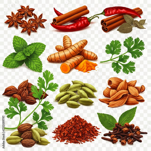 Aromatic collection of illustrated spices and herbs including cinnamon, turmeric, and star anise.