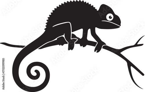 Chameleon silhouette resting on a branch vector