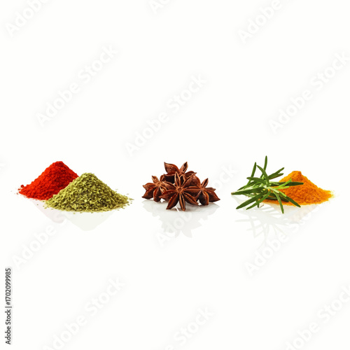Assorted Culinary Spices: Paprika, Herbs, Star Anise, and Turmeric