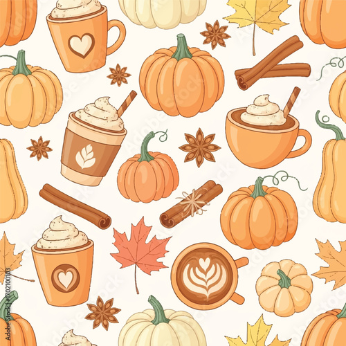 Vibrant flat lay illustration of pumpkin spice season elements, including pumpkins, mugs of coffee, cinnamon sticks, and fall leaves, on a clean white background with warm, autumnal tones.