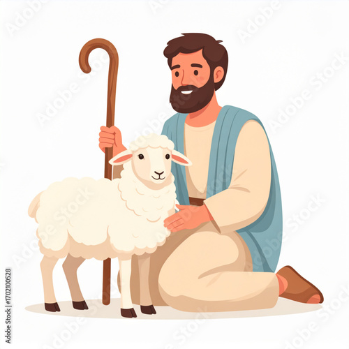 Vector Illustration of Shepherd Sitting with Sheep and Wooden Staff