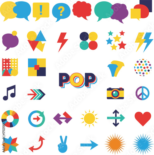 Create a kinds of deferent Pop Elements_ Flat Design vector art with white background.