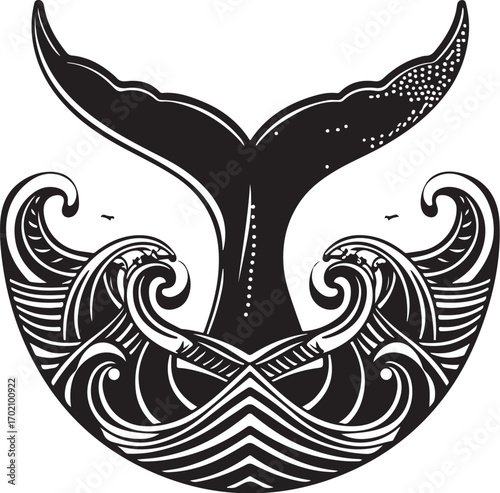 Majestic whale tail diving into stylized ocean waves