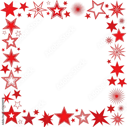 Create a kinds of deferent Red stars border vector art with white background..