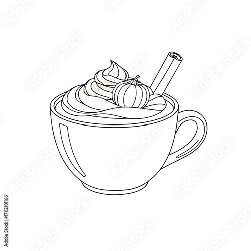 A line drawing of a mug filled with whipped cream and topped with a pumpkin, cinnamon stick, celebrating Pumpkin Spice Season on a plain white background.