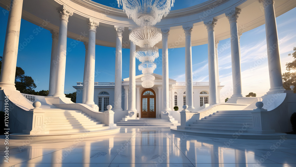 Fototapeta premium Grand white mansion with columns and chandeliers under a bright blue sky on a sunny day outside