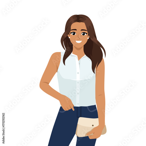 Woman wearing a sleeveless blouse and jeans, holding a clutch bag. Flat Vector character illustration