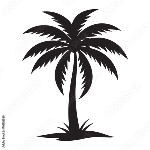 Simple black silhouette of a palm tree on a white background