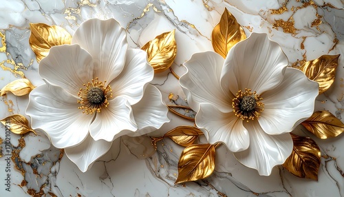Two opulent white flowers with golden leaves, set against a marble-patterned background, create a luxurious and elegant design.