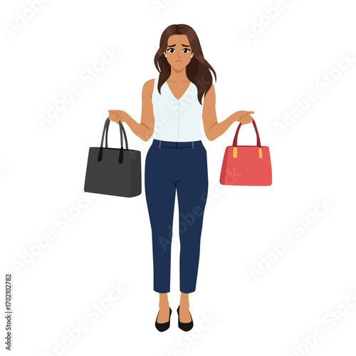 Confused Woman Choosing Between Two Bags. Flat Vector character illustration