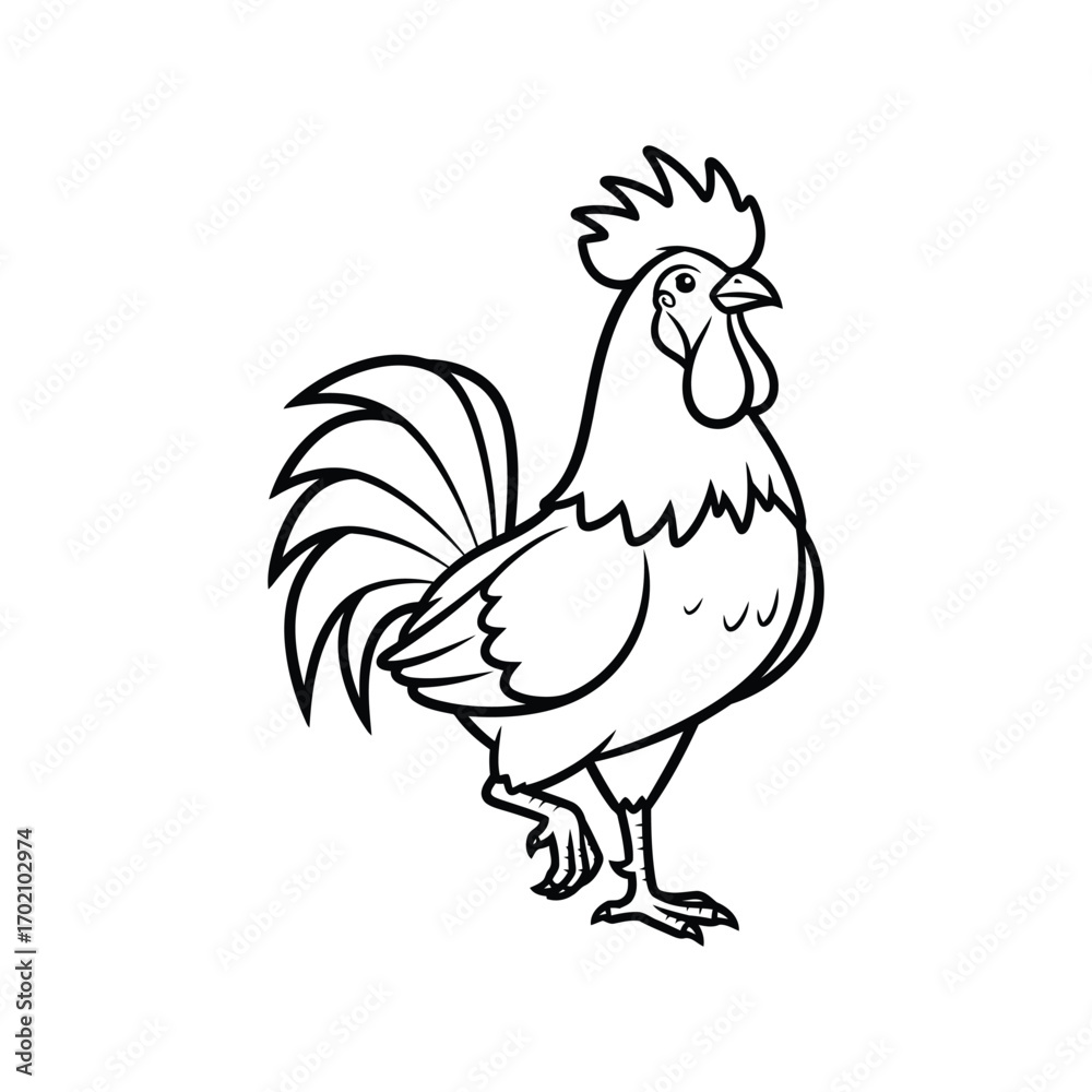 Fototapeta premium Outline rooster drawing elegant silhouette farm bird standing proudly simple line art vector