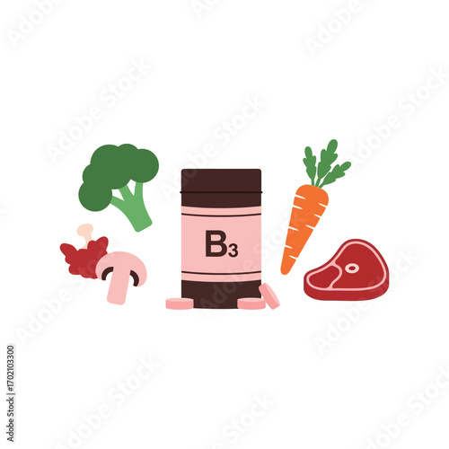 Healthy food and vitamin b3 supplement bottle for nutrition and wellness vector
