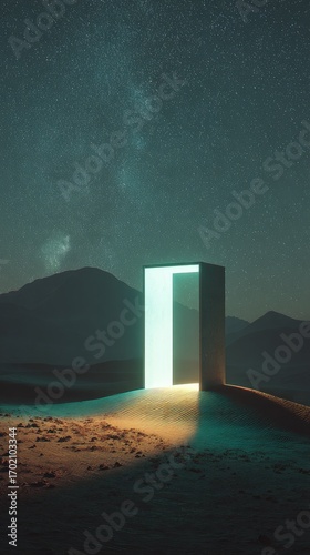 Glowing Portal In Desert Landscape Under Starry Night Sky
