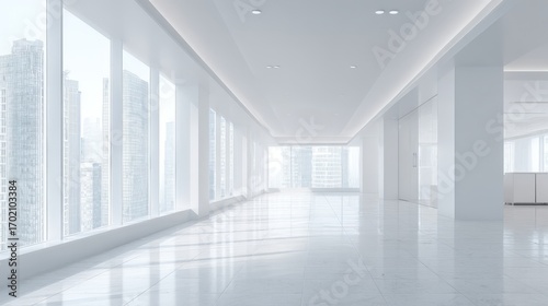 Wallpaper Mural Bright Empty Office Space with Large Windows and City View, Modern Corporate Interior Design Torontodigital.ca