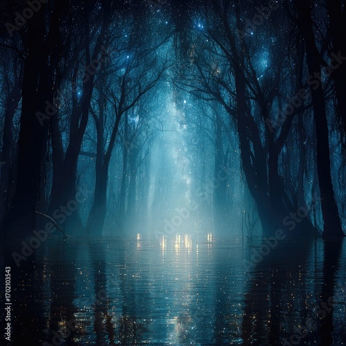 Mystical Glowing Forest At Night