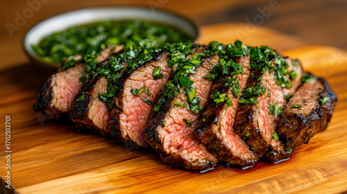 Sliced flank steak topped with chimichurri sauce, enhanced for high fidelity image quality.