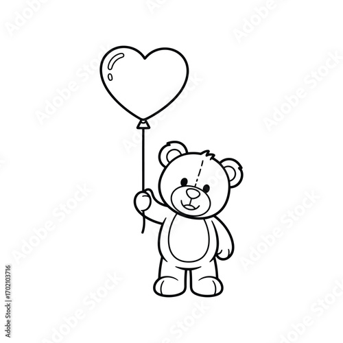 Cute teddy bear holding heart balloon simple line art illustration for kids and celebrations vector