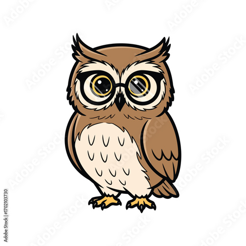 Cute cartoon owl wearing glasses perched and looking forward illustration vector