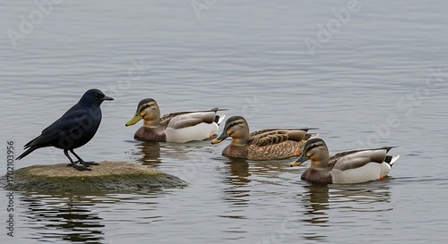 Black bird on rock with ducks swimming in water.