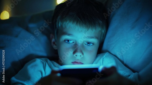 Boy lying in bed at night using smartphone addiction