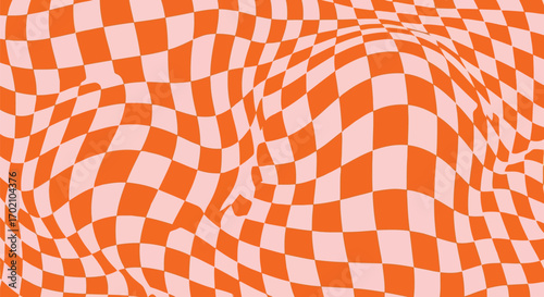 Retro orange checkerboard pattern warped distorted psychedelic background abstract design vector