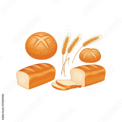 Freshly baked artisan bread loaves and round rolls with wheat stalks isolated vector