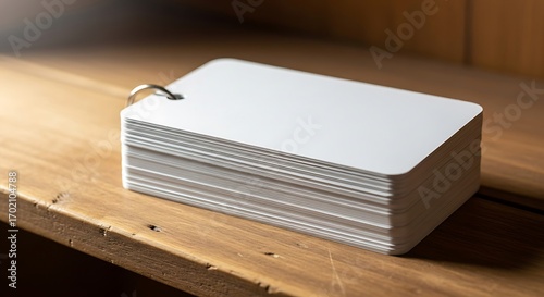 Blank stack of index cards for education and learning, on timbered surface
