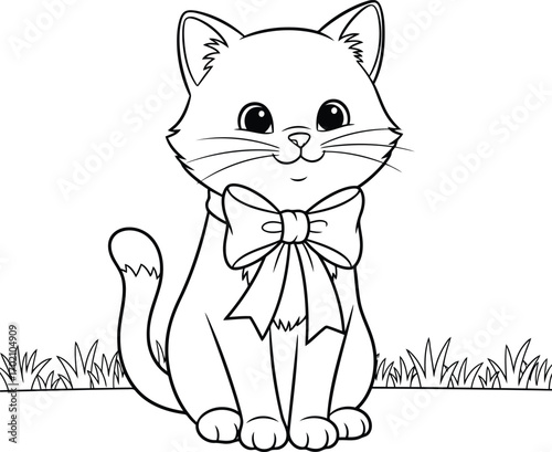 Cute kitten sitting with a large bow tie coloring page for kids and adults vector