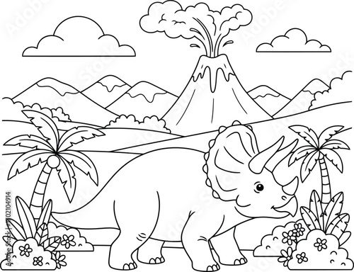 Triceratops dinosaur roaming lush prehistoric landscape volcano erupting vector