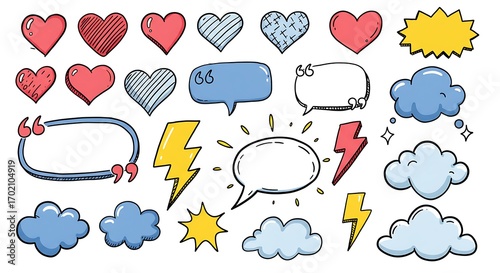Hand-drawn doodle illustration set with colorful hearts, speech bubbles, clouds, and lightning bolts.