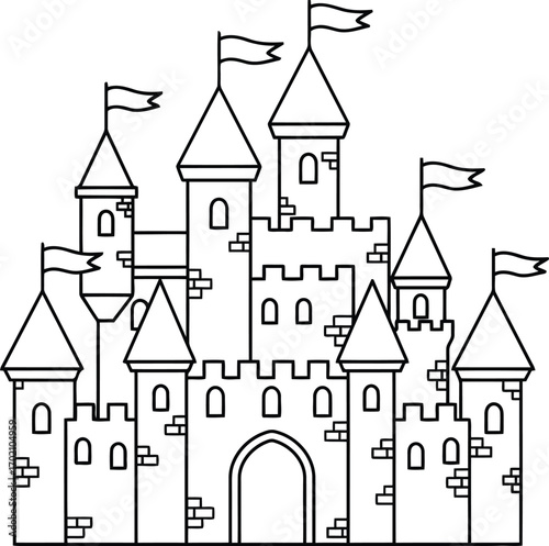 Fantasy castle outline drawing iconic medieval fortress fairytale illustration vector