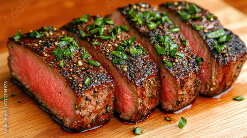 Juicy New York strip steak with cracked pepper crust, high-resolution image for culinary inspiration.